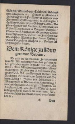 Dem Könige zu Hungern und Beheim.