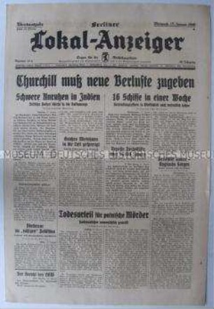 Tageszeitung "Berliner Lokal-Anzeiger" u.a. über Unruhen in Indien