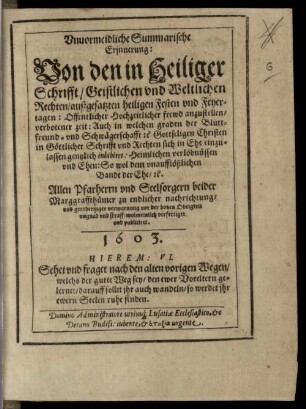 Unvormeidliche Summarische Erinnerung von der in heil. Schrift ... ausgesätzten Hl. Festen und Feyert.