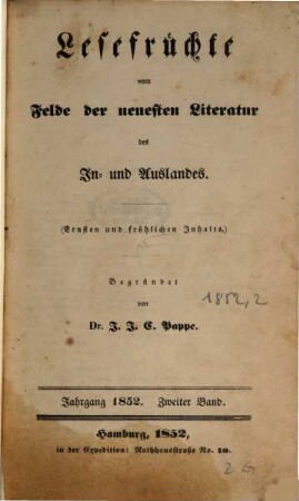 Lesefrüchte vom Felde der neuesten Literatur des In- und Auslandes. 1852,2