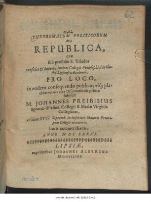 Ogdoas Theorematum Politicorum de Republica