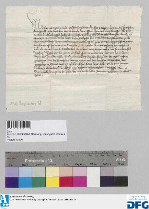 Bischof Raban von Speyer, Kanzler des Königs Rupprecht, stellt der Stadt Nürnberg Quittung aus über den Empfang der jahrlichen Reichssteuer.