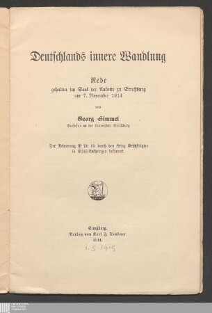 Deutschlands innere Wandlung : Rede gehalten im Saal der Aubette zu Strassburg am 7. November 1914