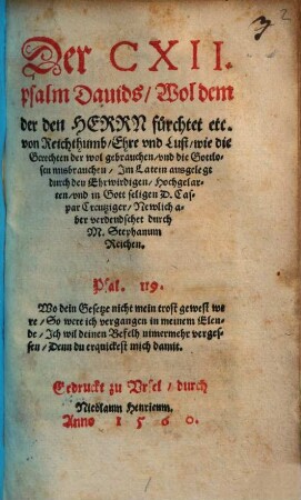 Der CXII. Psalm Davids wol dem, der den Herrn fürchtet