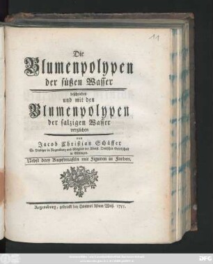 Die Blumenpolypen der süßen Wasser : beschrieben und mit den Blumenpolypen der salzigen Wasser verglichen : Nebst drey Kupfertafeln mit Figuren in Farben