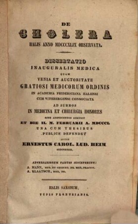 De cholera Halis anno MDCCCXLIX observata : dissertatio inauguralis medica