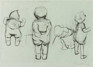 Drei stehende Kinder und ein kauerndes
