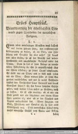 Erstes Hauptstück. Beantwortung der erheblichsten Einwürfe gegen Warheiten der natürlichen Religion