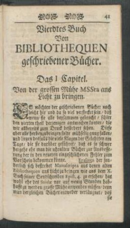 Viertes Buch Von Bibliothequen geschriebener Bücher.