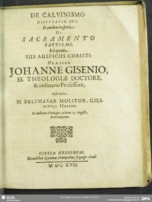 De Calvinismo Disputatio XVII. Et quidem in specie De Sacramento Baptismi
