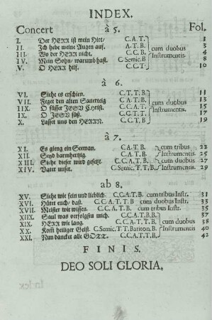 Schütz, Heinrich: Symphoniae sacrae, Teil III op. 12 : Schütz, Heinrich: Symphoniae sacrae, Teil III op. 12. Mit den Deutschen Konzerten. Letzte Seite des Stimmbuches Prima vox mit Index. Dresden, 1650. Holzschnitt, zweifarbiger Buchdruck; ca. 27 x 19 cm. Dresden: SLUB Mus.1479-E-3