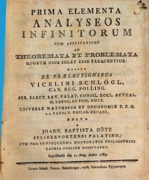 Prima Elementa Analyseos Infinitorum : Cum Applicatione Ad Theoremata Et Problemata Quorum Usus Solet Esse Frequentior