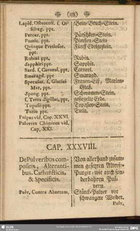 Cap. XXXVIII. De Pulveribus compositis, Alterantibus, Catharcticis, & Specificis