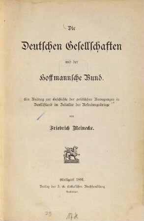 Die deutschen Gesellschaften und der Hoffmannsche Bund : Ein Beitrag zur Geschichte der politischen Bewegungen in Deutschland im Zeitalter der Befreiungskriege