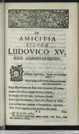 De Amicitia Eclogae Ludovico XV. Regi Christianissimo