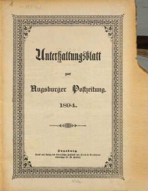 Augsburger Postzeitung. Unterhaltungsblatt zur Augsburger Postzeitung. 1894