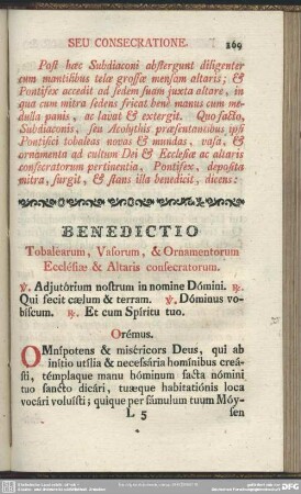 Benedictio Tobalearum, Vasorum, & Ornamentorum Ecclesiae & Altaris consecratorum