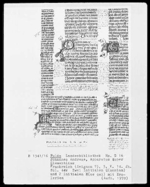 Johannes Andreae, Apparatus super Clementinas — Zwei Initialen E(os qui) mit Drolerien, Folio 2recto