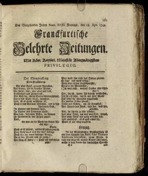 Num. XXXI. Freytags, den 18. Apr. 1749 - Num. XL. Dienstags, den 20. Maj. 1749