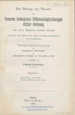 Ein Beitrag zur Theorie der linearen homogenen Differentialgleichungen dritter Ordnung mit einer Relation dritten Grades zwischen den Elementen eines Fundamentalsystems von Integralen