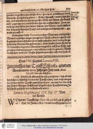 Das VIII. Caitel. Centuria VIII. Zeugnussen der TuaffHistriae aus den Altvätern der 800. Jährigen Zeit / von Anno Christi 700. an / biß 800