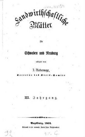 Landwirtschaftliche Blätter für Schwaben und Neuburg. 3. 1864