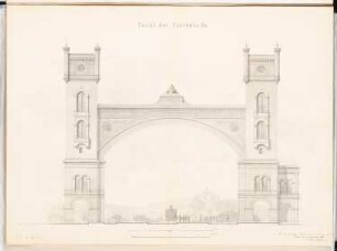 Bahnhof, Hannover Schinkelwettbewerb 1869: Aufriss Ansicht der Einfahrt; 2 Maßstabsleisten (Fuß, Meter)