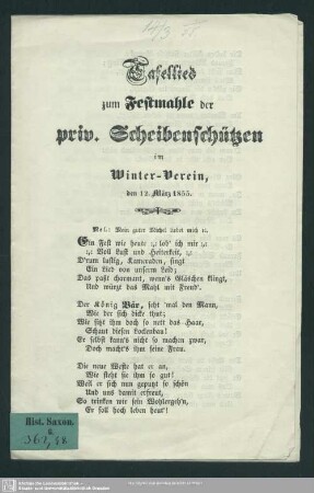 Tafellied zum Festmahle der priv. Scheibenschützen im Winter-Verein den 12. März 1855