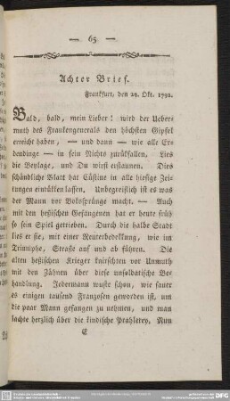 Achter Brief. Frankfurt, den 29. Okt. 1792