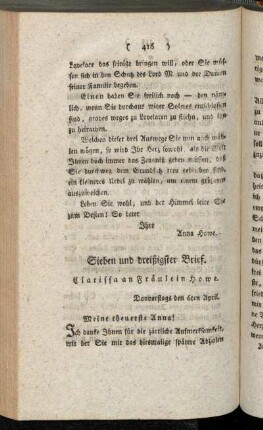 Sieben und dreißigster Brief. Clarissa an Fräulein Howe. - Neun und dreißigster Brief. Clarissa an Fräulein Howe.