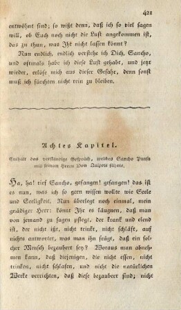Achtes Kapitel. Enthält das verständige Gespräch, welches Sancho Pansa mit seinem Herrn Don Quixote führte