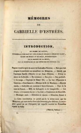 Mémoires de Gabrielle D'Estrées. 1