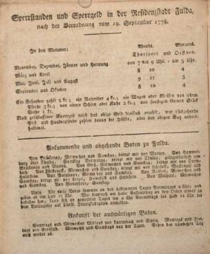 Sperrstunden und Sperrgeld in der Residenzstadt Fulda, nach der Verordnung vom 19. September 1778.