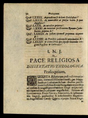 De Pace Religiosa Dissertatio Theologica. Praeloquium.