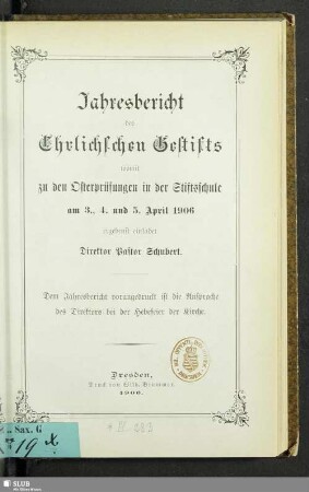 1906: Jahresbericht des Ehrlichschen Gestifts : auf das Schuljahr ...