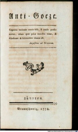Anti-Goeze : D.i. Nothgedrungener Beyträge zu den freywilligen Beyträgen des Hrn. Past. Goezer ..., Fünfter