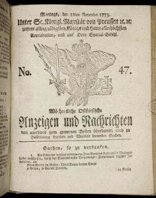 No. 47. Montags, den 22ten November 1773.