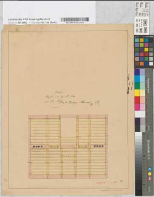 [Entwurf eines Wohngebäudes.] Vorderansicht, Grundrisse und Schnitte z.T. kolorierte Probezeichnungen von W. Hansen, Aachen