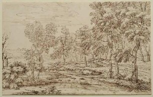 Baumreiche Landschaft mit kleiner Brücke