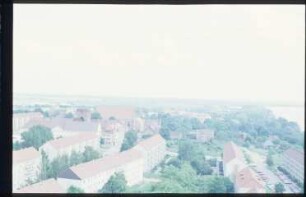 Prenzlau, Marienkirche,Prenzlau, Nikolaikirche (53.311, 13.86),Prenzlau, Steintorturm : Blick von Marienkirche nach Süden