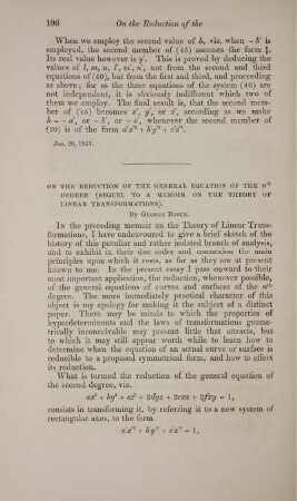 On the reduction of the general equation of the ... degree (Sequel to a memoir on the theory of linear transformations).