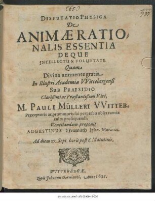 Disputatio Physica De Animae Rationalis Essentia Deque Intellectu & Voluntate