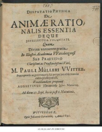 Disputatio Physica De Animae Rationalis Essentia Deque Intellectu & Voluntate