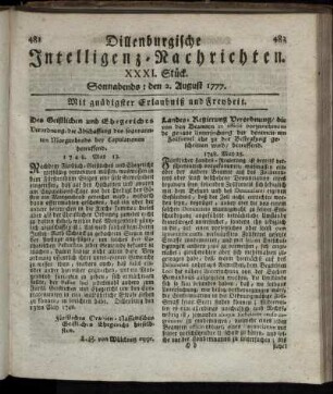 XXXI. Stück. Sonnabends: den 2. August 1777.