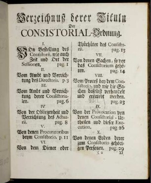 Verzeichnuß derer Tituln Der Consistorial-Ordnung.