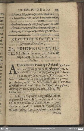 Oratio XI. Oratio Parentalis II. Principis Illustrißimi, Dn. Friderici VVilhelmi Ducis Saxon. Iul. Cliv. & Bergae, Lin. Vinar. &c. fel. Record