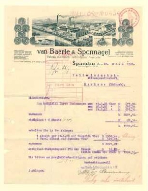 Brief der Firma van Baerle & Sponnagel, Fabrik chemisch - technischer Producte