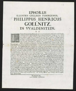 Ephorus Illustris Collegii Tubingensis, Philippus Henricus à Goelnitz, In VValdenstein, L. S.