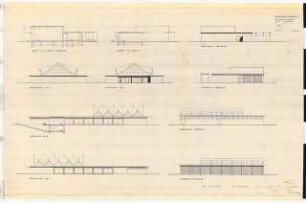 Mädchenberufsschule, Duisburg: Turnhalle: 4 Ansichten und 2 Schnitte, Aula: 4 Ansichten 1:100 (Zeichnung des Architekten)