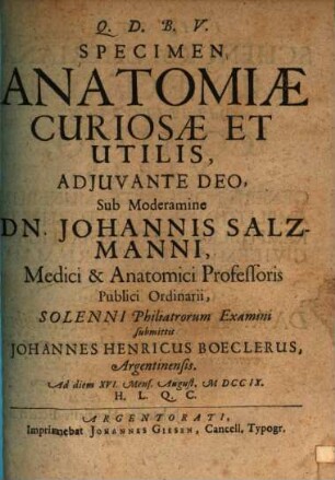 Specimen Anatomiæ Curiosæ Et Utilis